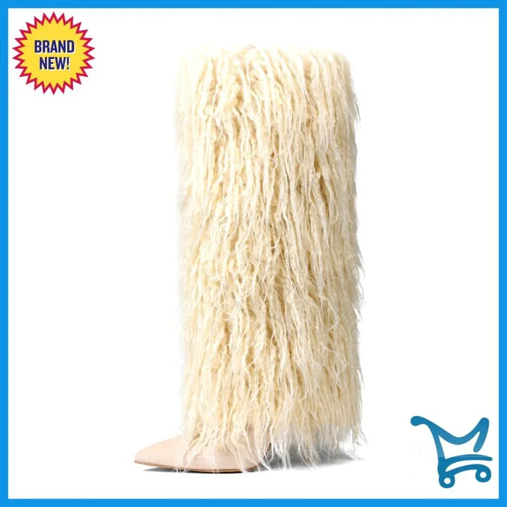 Knee High Faux Fur Boots Stiletto Heel Wide Calf Winter Boots